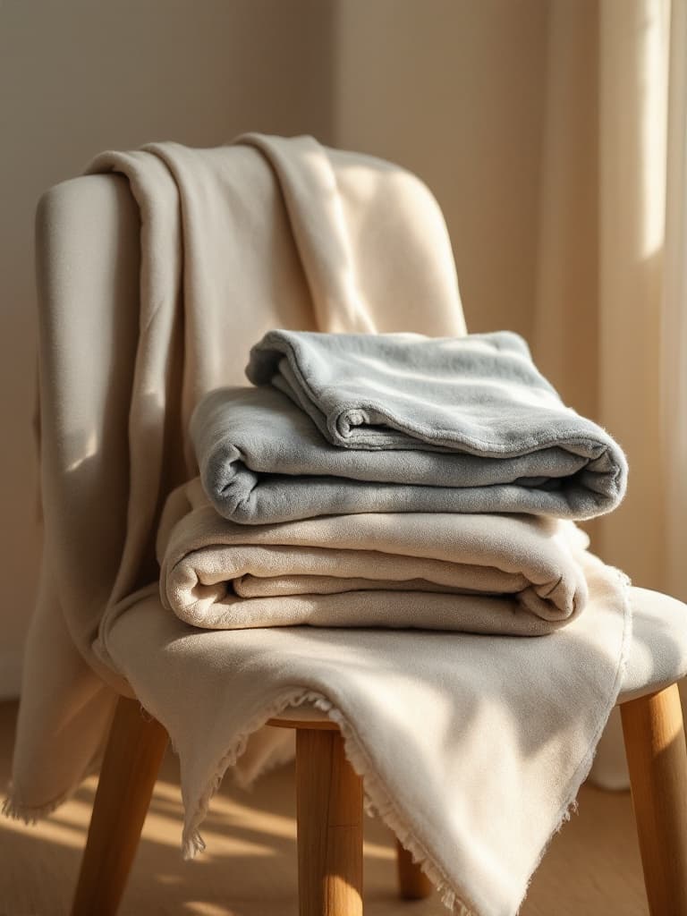 Stonewashed linen throws folded on a wooden chair in warm window light — generated by the engine