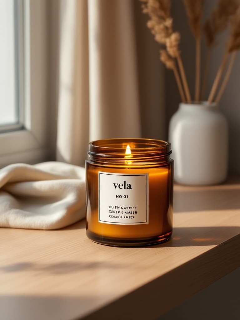 Vela No. 01 candle in its amber glass jar on a wooden shelf in soft window light — generated from the product seed
